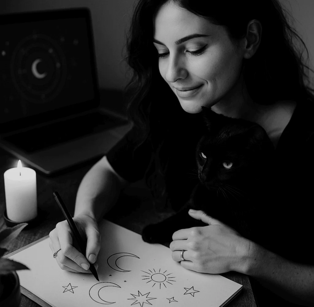 Femme graphiste travaillant sur son ordinateur avec un chat noir à ses côtés, dans une ambiance douce et poétique. Illustration de la marque Lune & Moustache, entre créativité, intuition et esthétique féminine.