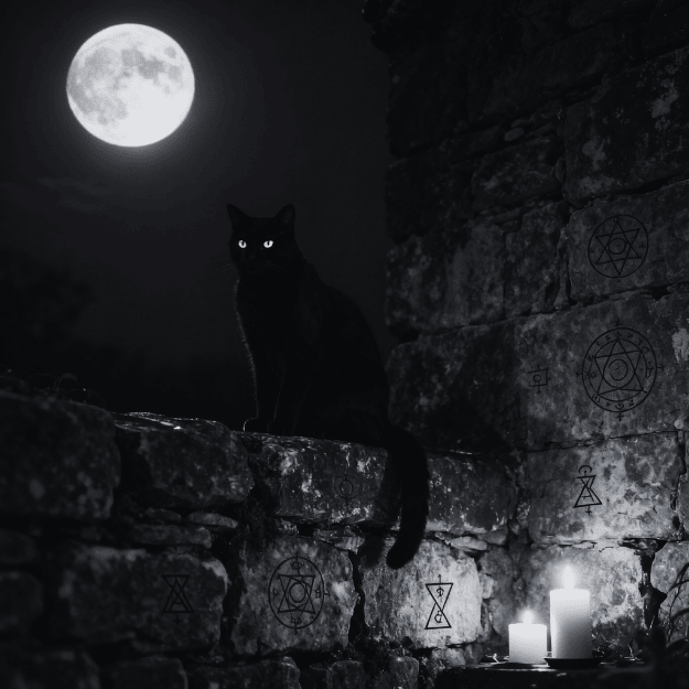Chat noir observant la lune dans une nuit mystique — illustration symbolique de la connexion entre les signes, la lune et la spiritualité.