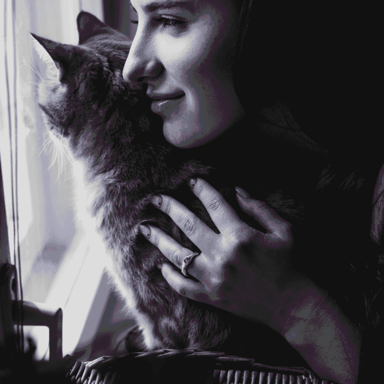 Femme tenant un chat près d’une fenêtre, symbole de douceur et de lien félin, illustrant la mode poétique et intuitive de Lune & Moustache.