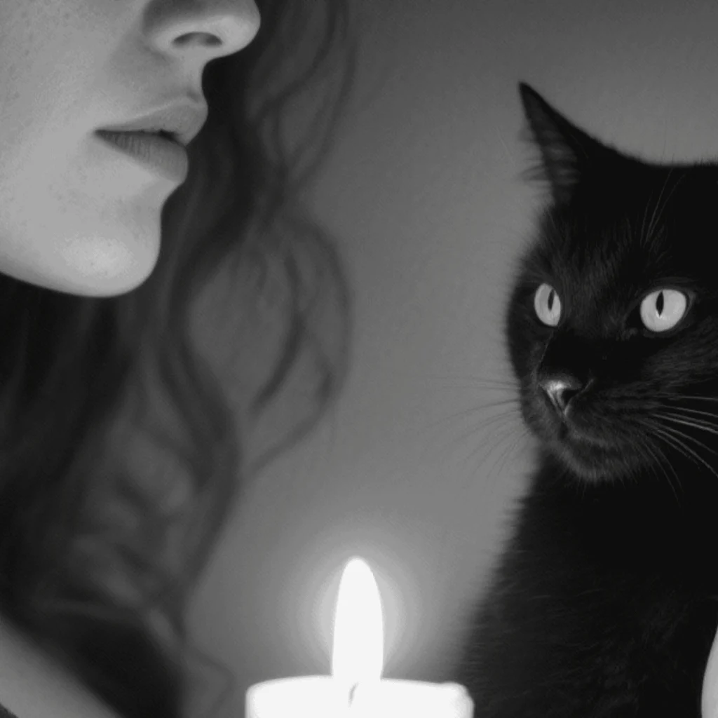 Femme observant un chat noir à la lueur d’une bougie, univers mystique de la marque de t-shirts ésotériques Lune & Moustache.