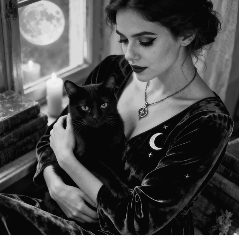Femme vêtue de velours tenant un chat noir près d'une fenêtre éclairée par la lune, symbole de l'intuition et de la féminité, univers poétique de la marque Lune & Moustache.